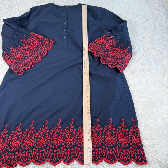 J.Crew Navy Blue Eyelet Embroidered Bell Sleeve Tunic Midi Dress Women's Large - Picture 8 of 11